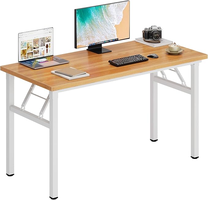 DlandHome 47 Inch Folding Computer Desk, Fully Assembled, Teak White | Foldable Writing Table, Portable Activity Conference Table for Home Office, Wood Top Metal Frame, Collapsible Easy Storage by DlandHome