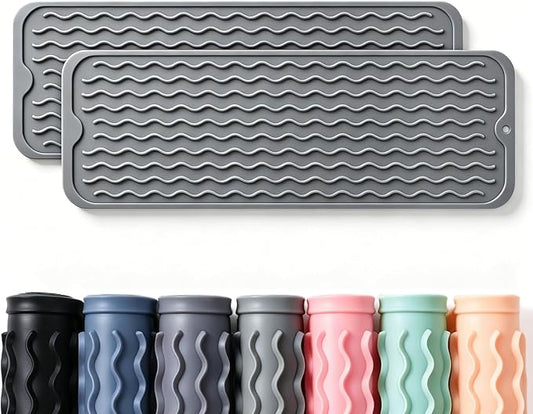2 Pack Caketime Silicone Dish Drying Mat for Kitchen Counter Waterproof Under Sink Near Faucet with Bathroom Coffee Organizer Soap Holder New Home Essentials Drainers 17"x6" Gray by CAKETIME