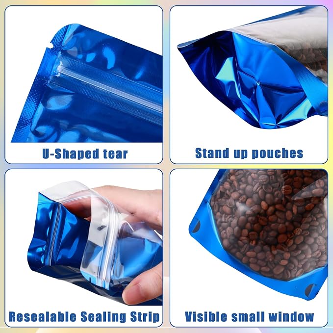 150 Pcs Mylar Bags for Food Storage, 5x8 Mylar Bag with Window Stand Up, Small Holographic Resealable Bags Smell Proof Bag Food Packaging for Small Business Freeze Dried Candy Jewelry Foil Packaging - Image 8