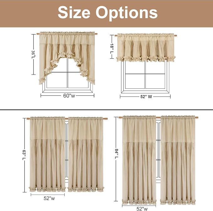 Likiyol Linen Valances for Windows Farmhouse Window Valances with Ruffle Rustic Country Light Filtering Kitchen Valance Curtains Rod Pocket Valance for Bathroom Cafe, Linen, 52" W X 18" L - Image 8