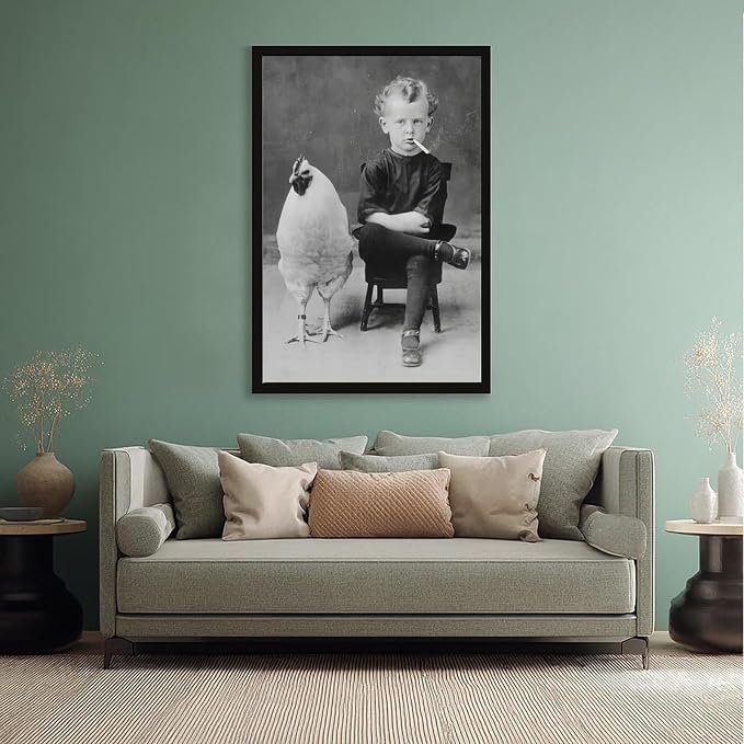 UXCBIA Smoking Boy And Chicken, Black And White, Vintage Oddities Poster Canvas Poster Bedroom Decor Sports Landscape Office Room Decor Gift Black Frame 24x36in(60x90cm) - Image 5