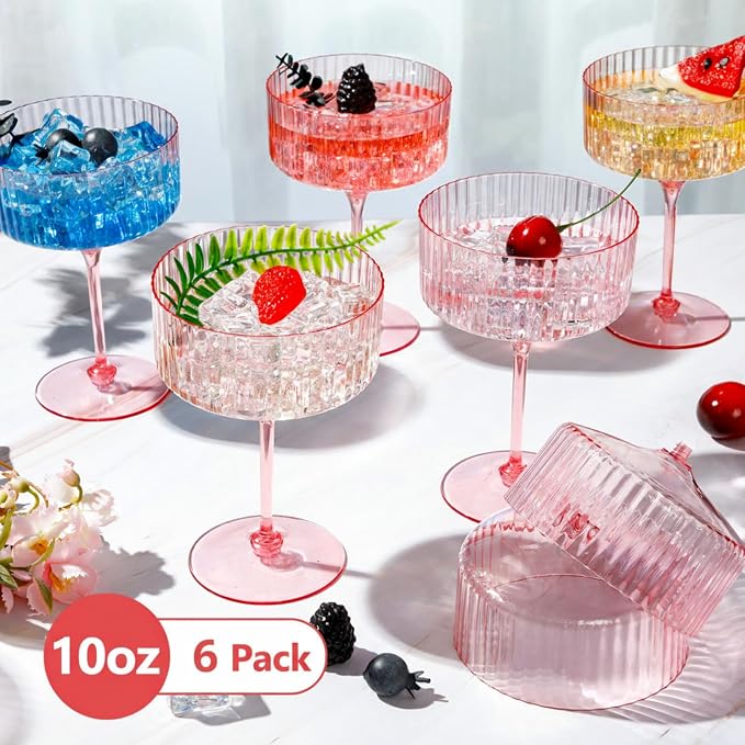Jingmore 6 Pcs Ribbed Martini Glasses 10 oz Disposable Plastic Vintage Ribbed Coupe Glasses Unbreakable Dessert Parfait Glassware for Wedding Birthday Party Supplies (Pink) - Image 5