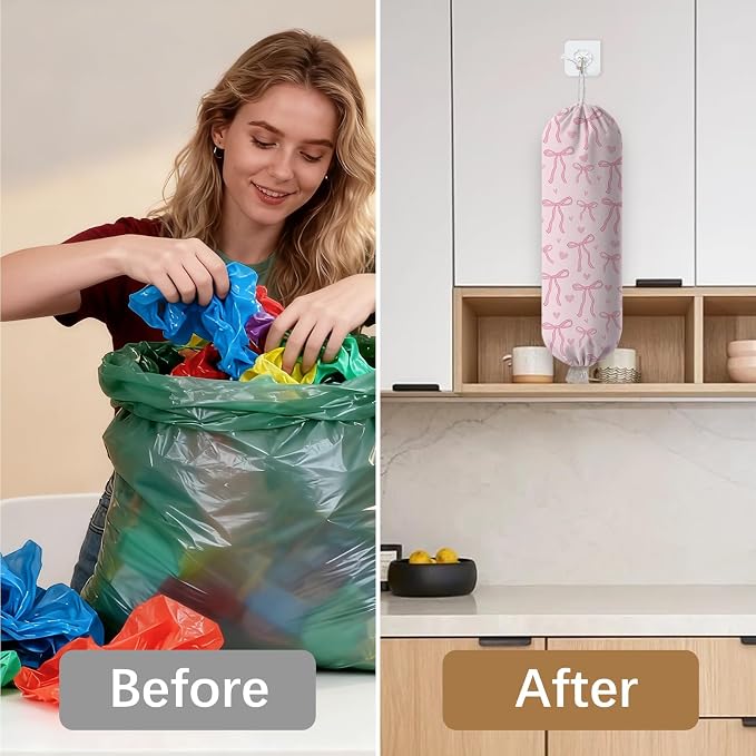 Pink Bow Plastic Bag Holder Dispenser, Plastic Grocery Bag Organizer & Wall Mount Paper Trash Bags Saver Storage for Kitchen Home Pantry Decor, Pink Bow Kitchen Decor Shopping Bags Storage Dispenser - Image 6