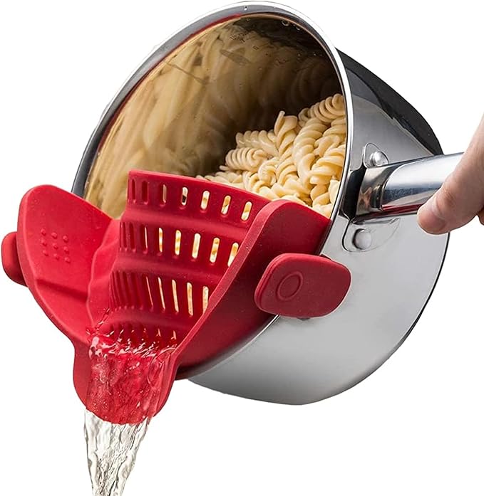 Kitchen Gizmo Snap N Strain Silicone Pot Strainer - Adjustable Clip-On Pasta Strainer for Pots, Pans, and Bowls - Large Red Kitchen Colander by KitchenGizmo