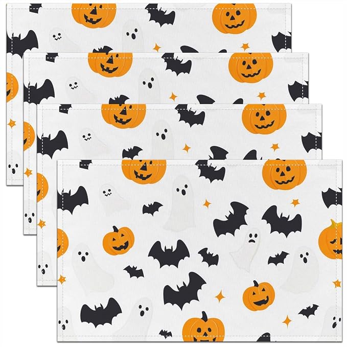 Feelyou Happy Halloween Placemats Set of 4 Pumpkin Lantern Table Mats White Orange Black Place Mat for Kitchen Dining Table Party Decor Indoor Outdoor 18"x12" Non-Slip Easy to Clean Bats Pattern by Feelyou