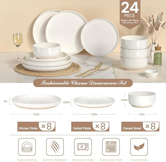 Plates and Bowls Sets, Scratch Resistant Dinnerware Sets for 8, 24 Pieces Porcelain Ceramic Dishware Dishes Set, Modern Stoneware Kitchen Dinner Set, Microwave and Dishwasher Safe, Cream White - Image 2