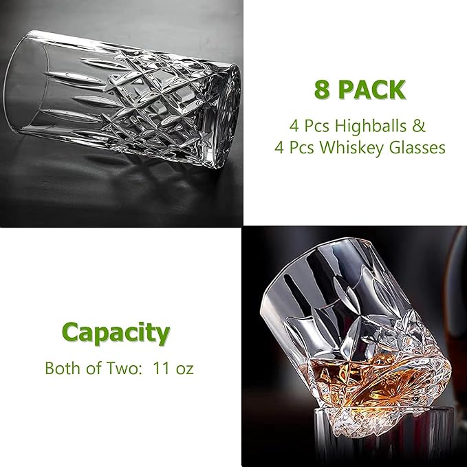 Qipecedm Drinking Glasses, 8 Piece Crystal Glass Cups, Mixed Glassware Set, 4 pcs Crystal Old Fashioned 11oz Highballs and 4 pcs 11oz Whiskey Glasses, Great for Cocktail, Whisky and other Beverages - Image 6