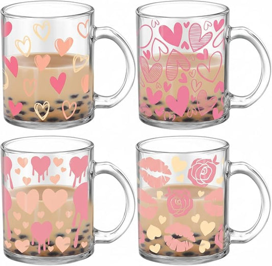 Tioncy 4 Pcs Valentines Heart Coffee Mugs 12 oz Heart Glass Cups with Handle Valentine's Day Pink Coffee Cup Sweet Love Gifts Drinking Mugs for Romantic Holiday Party by Tioncy