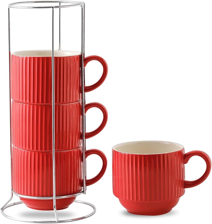 HASENSE Red Coffee Mugs, 15 oz Stackable Coffee Cups Set of 4 with Rack - Ceramic Large Ribbed Modern Latte Cup Set for Cappuccino, Tea, Hot Cocoa, Drinks - Dishwasher & Microwave Safe by Hasense