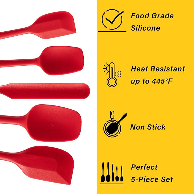 Silicone Spatula Set,5 Piece Food Grade Rubber Spatulas,RED | Spatulas Silicone Heat Resistant for Baking,Cooking,and Mixing High Heat Resistant Non Stick Dishwasher Safe BPA-Free - Image 3