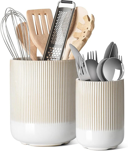 LE TAUCI Utensil Holder for Kitchen Counter, 7.3"+5.4" Fluted Ceramic Utensil Crock Organizer for Countertop, Heavy Large Holder for Spatulas, Spoons, Set of 2, Warm White Glaze by LETAUCI