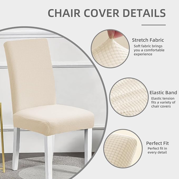 Dining Room Chair Covers,Chair Covers Set of 4, Soft and Stretchy,Cat Scratch Protection, Cream White, Jacquard Fabric, Dining Chair Cover Banquet Wedding, Kitchen, Hotel, Celebration - Image 2