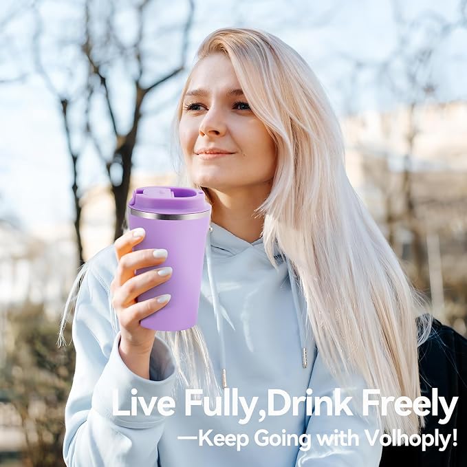 Volhoply 12 oz Double Wall Insulated Vacuum Travel Coffee Mug with Flip Lid,Reusable Stainless Steel Leak Proof Coffee Cup,Portable Cafe Thermal Tumbler Suitable for Hot & Cold Drinks(Purple,1 Set) - Image 7