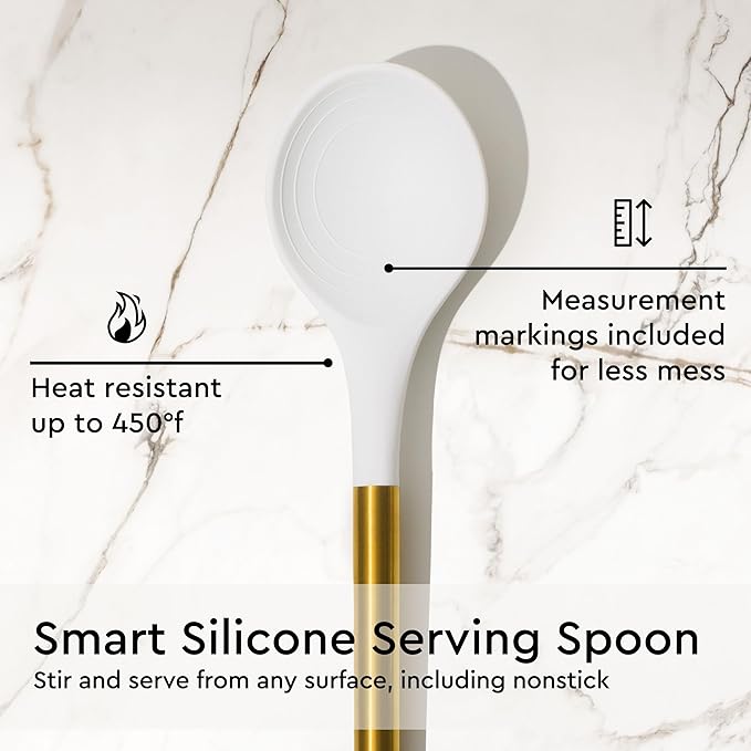 Gold Kitchen Utensils Set – 6 PC White Silicone and Gold Cooking Utensils with Spatula, Whisk, Tongs, Spoons, Cooking Tools for Nonstick Cookware – Luxury Kitchen Accessories for Home Chefs | White Silicone and Gold Cooking Utensils with Spatula, Whisk... - Image 6
