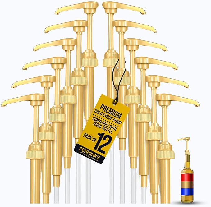 Premium Syrup Pump Compatible with Torani 750 ml Bottle, Davinci Syrups - No Spill, No Clog Syrup Pump Dispenser for Vanilla, Snow Cone, Blueberry, Coffee Flavoring & More (Pack of 12, Gold)