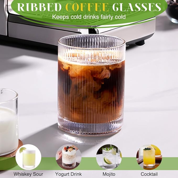 Drinking Water Glass Cups Set,Crystal Clear ribbed Glass set of 8,17oz&12oz | Unique Design Vintage Cocktail Glass, Tall Glass Cups Ideal for Ice Coffee Cup, Whiskey, Mixed Drinkware - Image 4
