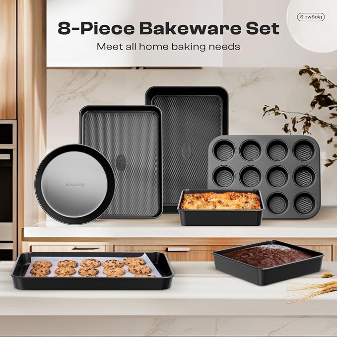 Nonstick Baking Pans Set, 8-Piece Stackable Bakeware Sets, Oven Pan Set | Non-Toxic Pan Set, Includes Baking Sheet, Cake Pan, Muffin Pan, Loaf Pan, Square Pan, Cookie Sheet & Roasting Pan, Black - Image 3