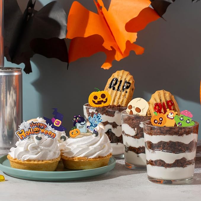 280pcs Halloween Cake Decoration - Edible Dessert Toppers With Ghost, Bat, Graveyard, Zombie, Skeleton, Spider, Pumpkin, Witch Hat, Eyeball (40 Styles) - Image 6