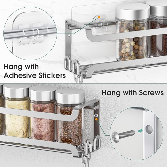 LUCYCAZ 2 Pack Wall Mounted Spice Rack for Spice Jars & Seasonings (Silver) | 8 Metal Hooks, Space-Saving,Screw or Adhesive Spice Shelf Hanging,for Kitchen Cabinet,Pantry Door,RV,Camper Spice Orgnaizer - Image 6