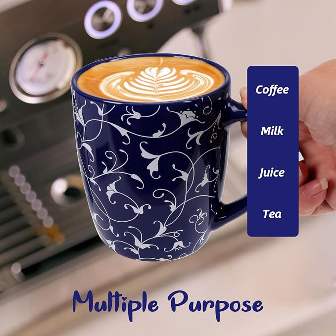18 OZ Coffee Mugs Set of 6, Geometric Porcelain Large Mug for Man Woman | Blue and White Floral Ceramic Cup for Latte, Tea, Water, Cappuccino, Mocha, Cocoa, Housewarming Wedding Mug Present - Image 5