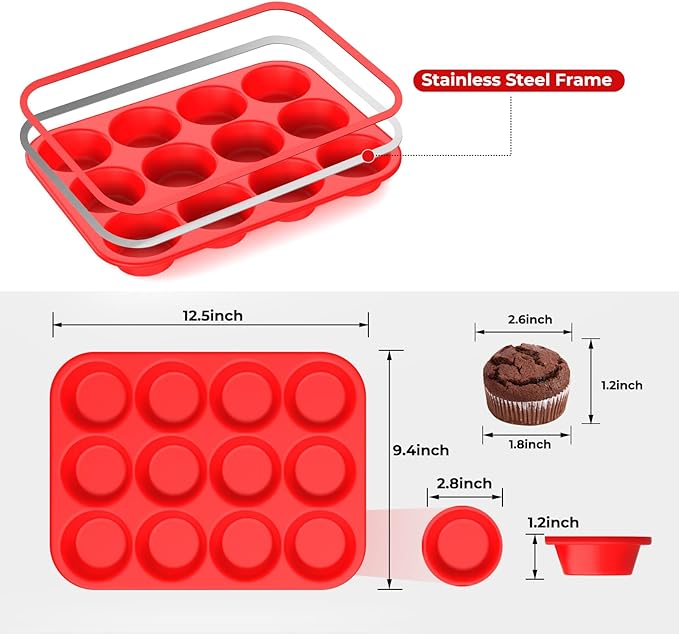 Silicone Cupcake Pan with Christmas Topper: 12 Cup Muffin Pan with Metal Reinforced Frame, Regular Size Cupcake Tray for Baking, BPA Free Silicone Muffin Tray, Dishwasher Safe (1 Pack, Red)