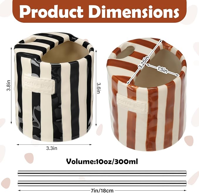 2 Pack Ceramic Coffee Mug with Sip Hole Espresso Cup 10oz with Straws Retro Hand Painted Striped Ceramic Iced Coffee Tea Travel Mug Latte Cup for Kitchen Dining (Simple,Brown,Black) - Image 2