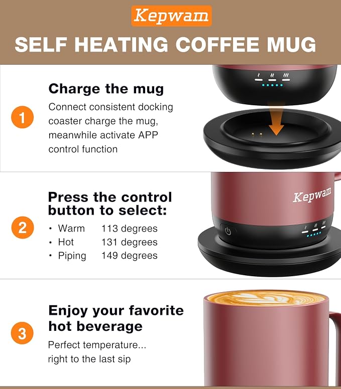 Kepwam Self-Heating Coffee Mug T1, 16oz Rechargeable Heated Coffee Mug, Smart Coffee Warmer Mug with App-Controlled,Advanced Temperature-Controlled Heating Coffee Gifts for Women Men Coffee Lover - Image 3
