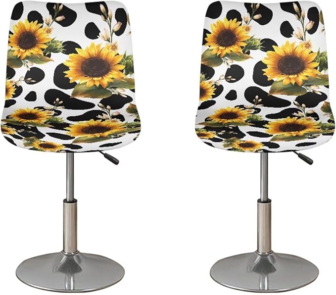 Cow Print Sunflower Bar Stool Covers High Stool Chair Cover for Party Kitchen Club, Reusable Washable 2 Pcs Bar Stool Covers Decorative Covers by Sellikakes