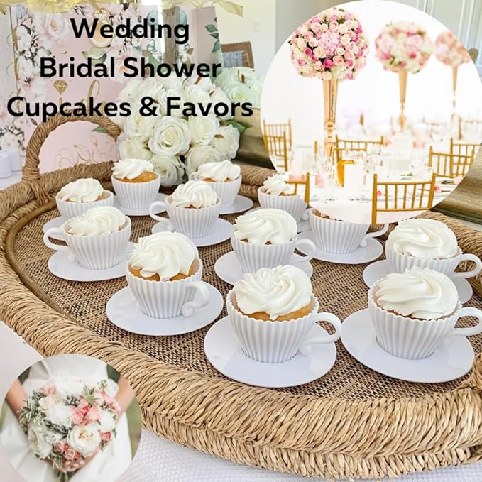 Evelots Baking Cupcake Molds - Silicone Teacup Set - 24 Pc Set - Oven-Safe - Nonstick - Muffin Cups for Bridal/Baby Shower, Birthday/Tea Party - 12 Cups & 12 Saucers - BPA Free