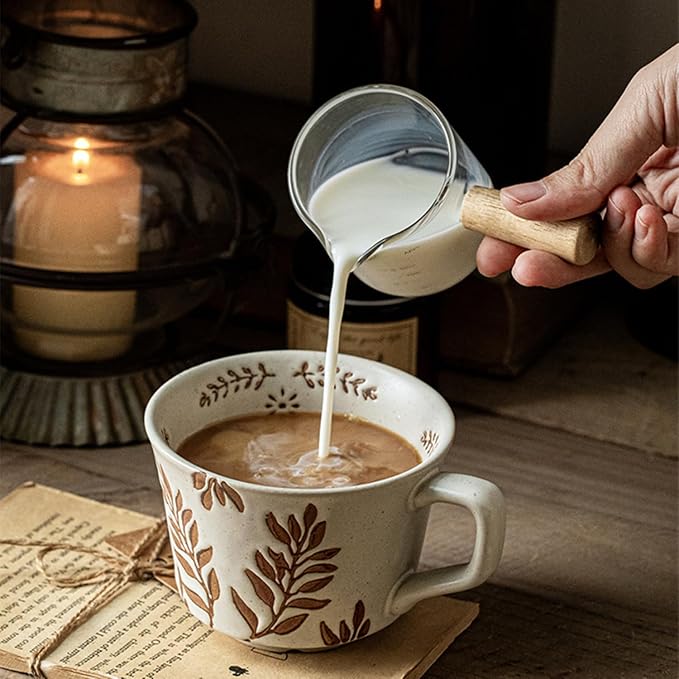 12 oz Vintage Ceramic Coffee Mug Set of 4 - Handmade Stoneware Pottery Countryside Farmhouse Fall Autumn Tea Mugs with Big Handle for Latte,Cocoa,Dishwasher & Microwave Safe Cups (Plants) - Image 4