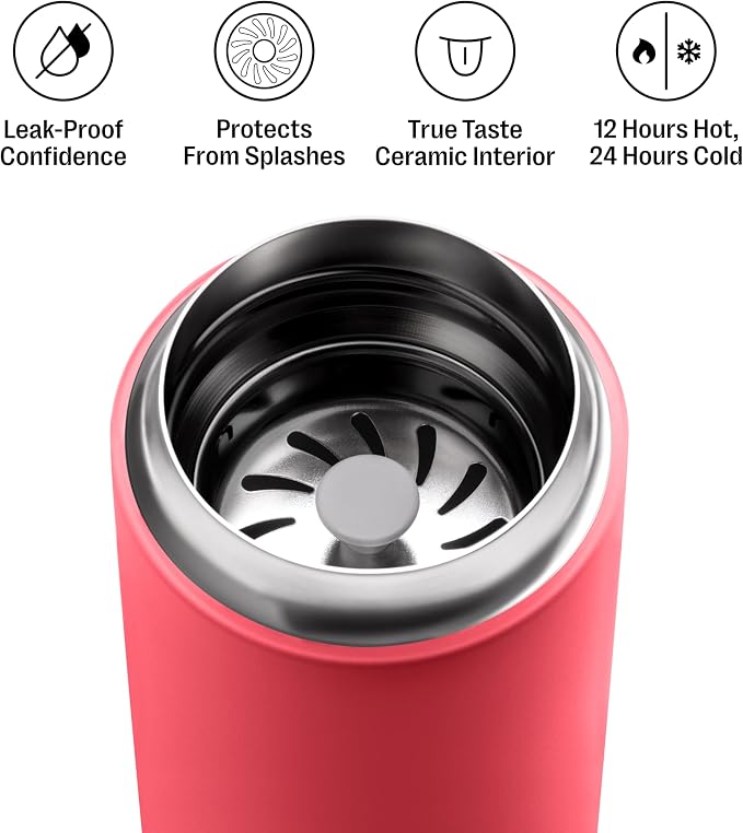 Fellow 12 oz Carter Move Travel Mug - Vacuum-Insulated Stainless Steel Travel Coffee Mug - Coffee Tumbler with Ceramic Interior and Splash Guard - Coral Crush - Image 2