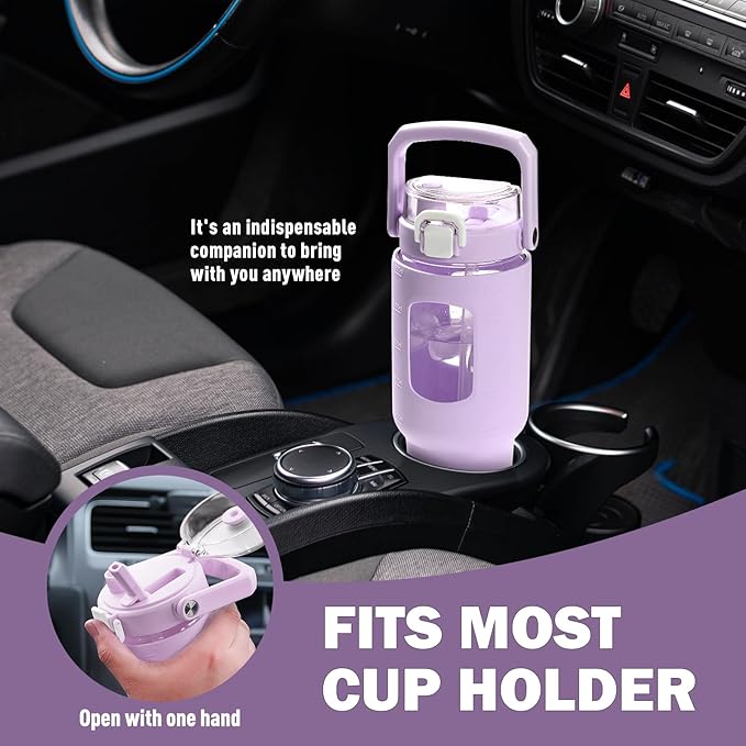 BLUEGO 40oz Glass Tumbler with Lid and Straw, Glass Water Bottles with Handle, Glass Cup with Time Marker and Silicone Sleeve, Fits Most Cup Holder, Leak-proof, Purple