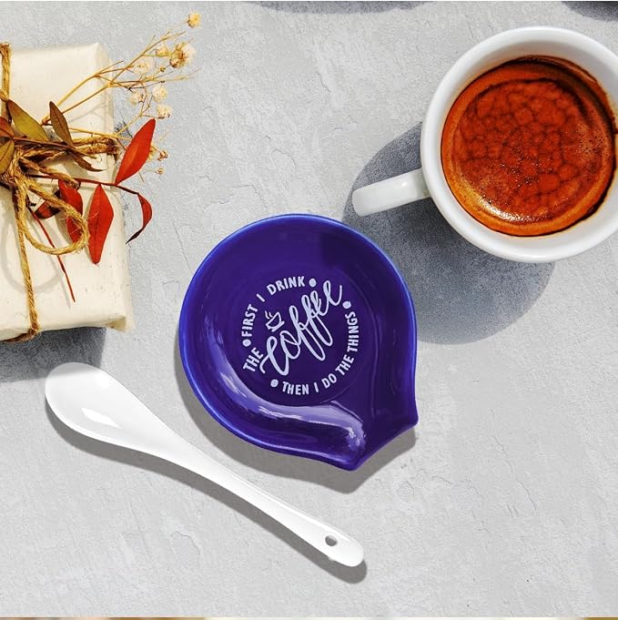 Littlefa Coffee Spoon Rest Holder-Coffee Bar Accessories-Navy Blue | Funny Ceramic Coffee Spoon Rest for Coffee Bar Accessories Essentials, But First I Drink Sign Coffee Lovers Gifts - Image 6