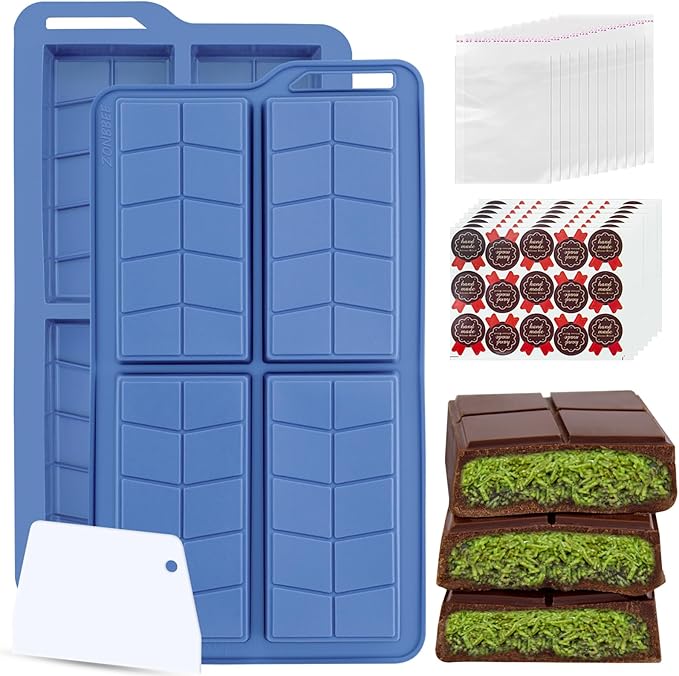 Chocolate Bar Molds Silicone Non Stick 0.82inch Deep,2 Pack Thick Dubai Shapes Chocolate Stuffed Bar Mold Kit for Filling Knafeh Candy with 100pcs Bags and 104pcs Stickers
