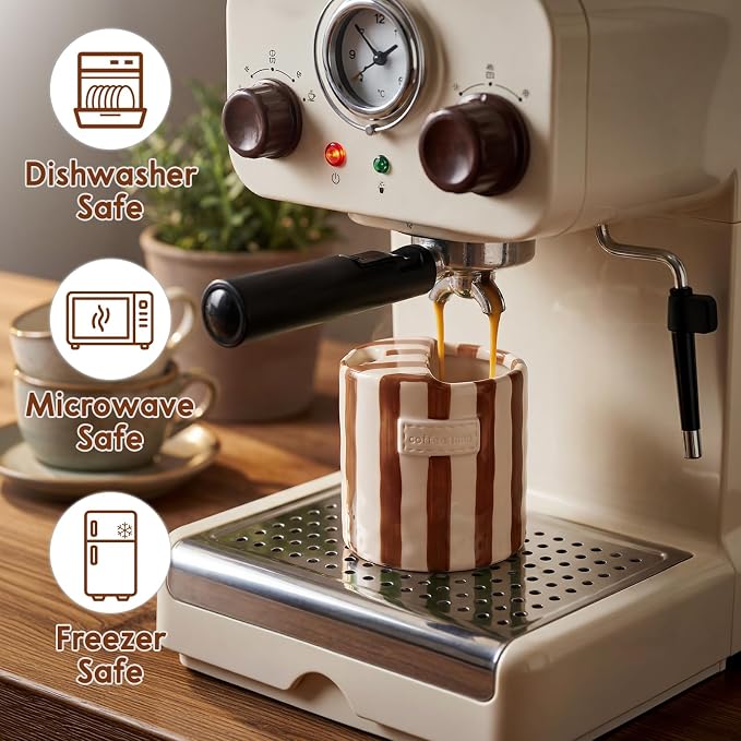 10oz Ceramic Coffee Mug with Sip Hole, Striped Espresso Cups for Hot & Cold Drinks and Microwave & Dishwasher & Freezer Safe, Ideal for Home Desk Kitchen Office Dorm Cafe Travel Daily - Brown - Image 3
