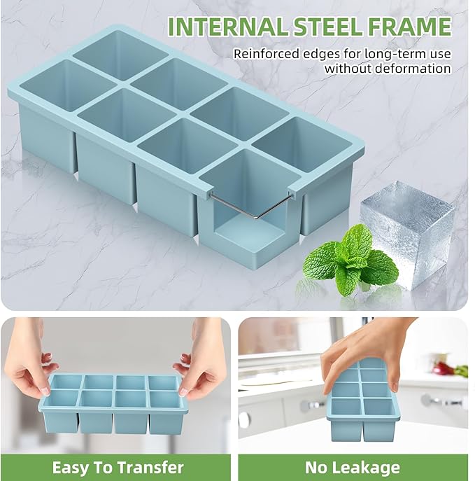 Large Ice Cube Molds, 2 Pack Easy Release Ice Trays for Freezer with Lid, Stackable Square Big Silicone Ice Cube Tray BPA Free Slow Melting for Bourbon Whiskey, Cocktails, Iced Coffee （Blue）
