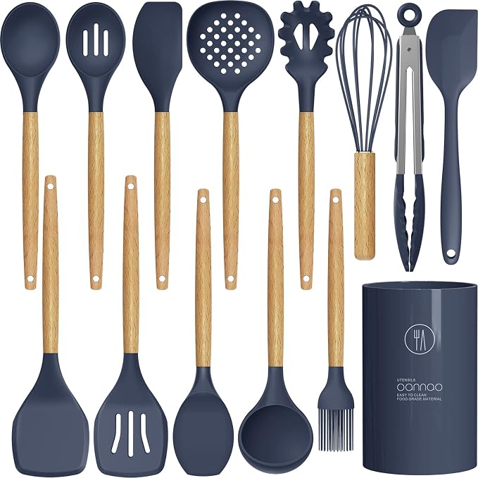oannao Silicone Cooking Utensils Set - 446°F Heat Resistant Silicone Kitchen Utensils for Cooking,Kitchen Utensil Spatula Set w Wooden Handles, BPA FREE Gadgets for Non-Stick Cookware (Navy Blue) by oannao