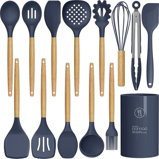 oannao Silicone Cooking Utensils Set - 446°F Heat Resistant Silicone Kitchen Utensils for Cooking,Kitchen Utensil Spatula Set w Wooden Handles, BPA FREE Gadgets for Non-Stick Cookware (Navy Blue) by oannao