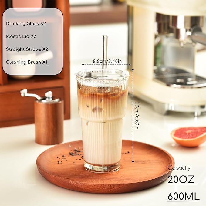 Haundry 20 oz Ribbed Glass Tumbler with Lids and Straws, 4 Pack Iced Coffee Cups, Thickened Glassware Set, Ripple Design Glass Cups for Coffee, Soda, Smoothies, Cocktails and Juice