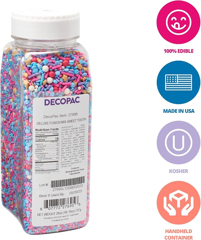 DECOPAC Sweet Tooth Deluxe Fusion Mix, 26oz, Fancy Candy Sprinkles in Handheld Container, Edible Sprinkles For Celebration Cakes, Cupcakes, Cookies and Donuts, Multicolored - Pink, Purple, Blue - Image 2