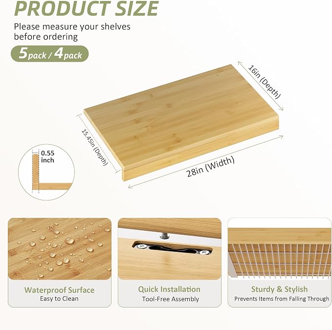 Wire Shelf Covers, Bamboo Wire Rack Covers for Pantry, Closet，Kitchen (5pcs, 28" W x 16" D, Natural) - Image 2