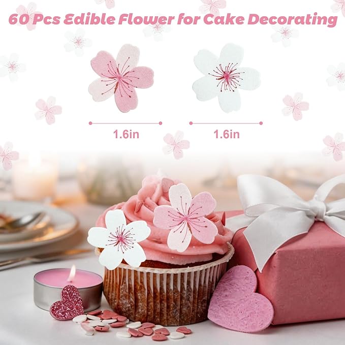60PCs Edible Flowers Cherry Blossom Cake Decorations Cupcake Toppers | Edible Flowers, Wafer Paper Flower Cupcake Toppers for Wedding Birthday Party Decorations Supplies - Image 3