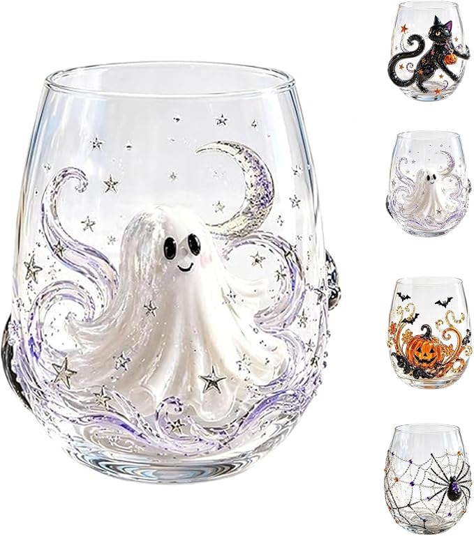 Halloween Artisan Glassware Collection,Handmade Stemless Wine Glass,Gothic Style Artistic Glass Wine Goblet Home Decor Piece Featuring Spooky Pumpkin Design Halloween Party Home Decor Gift，B by Unknown