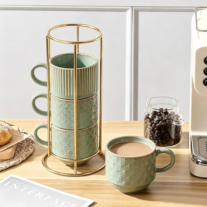 JIEMEI HOME Large Ceramic Coffee Mug Set of 4 with Stand, 15 Oz Stackable Embossment Ribbed Latte Cup Set for Cappuccino, Latte, Tea, Hot Cocoa, Drinks - Dishwasher & Microwave Safe, Vintage Turquoise - Image 7