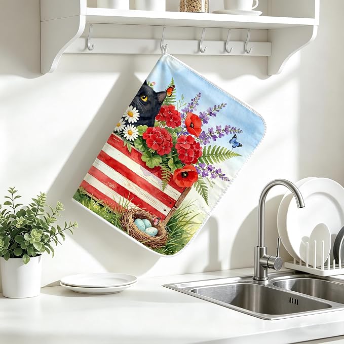 Patriotic Cats Dish Drying Mat for Kitchen Counter Coffee Bar 18x24 in | Decorative Non Slip Absorbent Kitchen Dishes Drainer Mat, with Anti-slip Rubber Backing & Hanging Loop, for Sink, Home Gift - Image 7