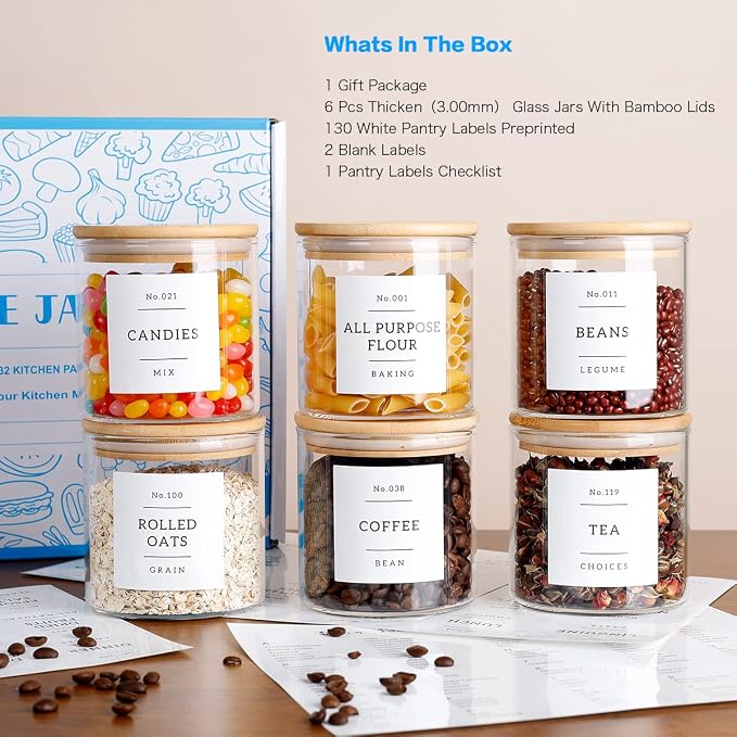 20 OZ Glass Food Storage Jars with 132 Pantry Labels Preprinted - 6 Pcs Thicken Glass Storage Containers with Airtight Bamboo Lid - Clear Kitchen Canister for Spice, Tea, Coffee, Sugar, Cookie, Candy - Image 2