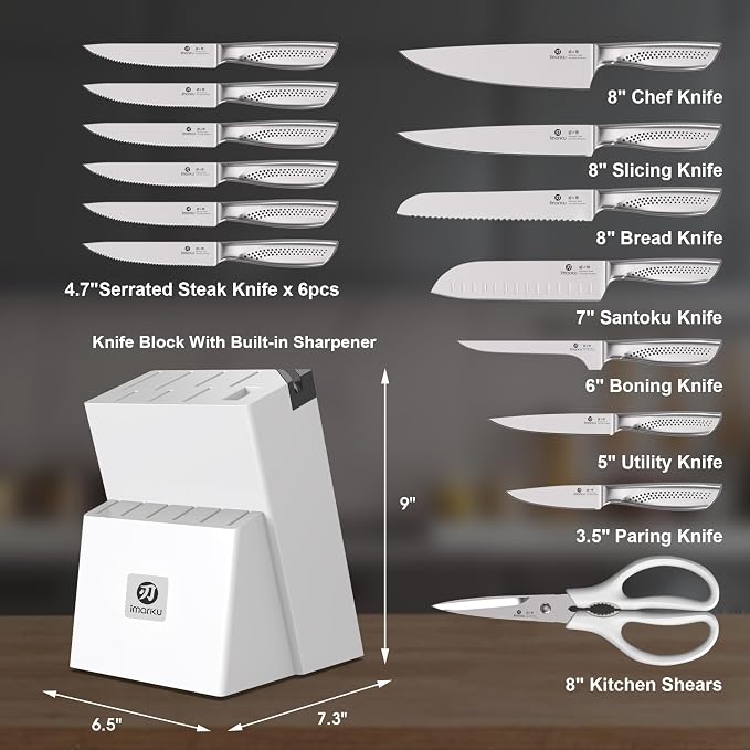 imarku® Knife Set, Japanese HC Stainless Steel 15 PCS Kitchen Knife Set With Block With Built-in Sharpener, Razor-Sharp Blade Knife Block Set With Dotted Ergomomic Handle, Best Birthday Gifts, White - Image 2