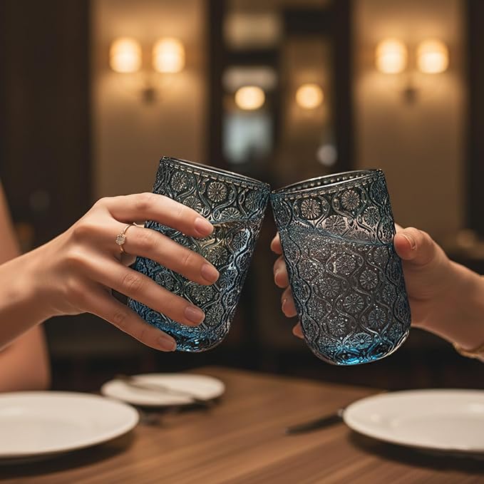 Set of 8 Vintage Embossed Glassware,4 Highball Glasses 14oz & 4 Rocks Drinking Glasses 9oz, Blue, Art Deco, for Wine, Water, Cocktail, Juice, Whiskey, Gift - Image 2