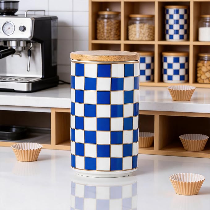 Kitchen Countertop Ceramic Checkered Canisters,Black And White Food Storage Containers With Lid,Airtight Kitchen Canisters for Flour, Sugar, Coffee, Tea, and Dry Goods (Blue, Large) - Image 7