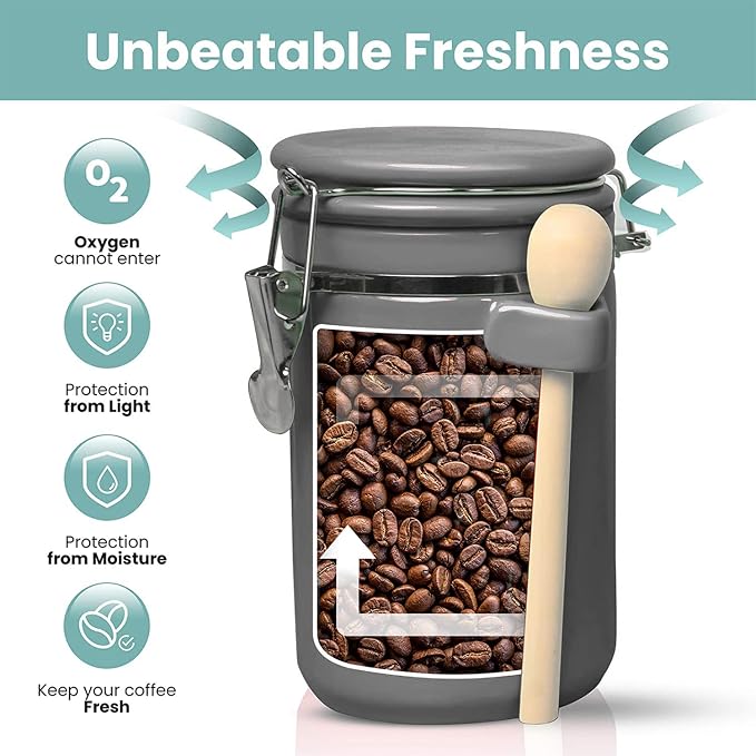 Home Intuition 4-Piece Ceramic Kitchen Canisters Set, Airtight Containers with Wooden Spoons Reusable Chalk Labels and Marker for Sugar, Coffee, Flour, Tea (Grey) - Image 4